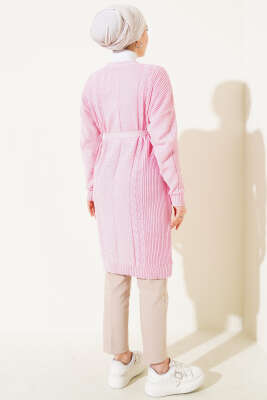 Pirinç Örgü Desenli Kuşaklı Triko Hırka Pembe - Triko Hırka