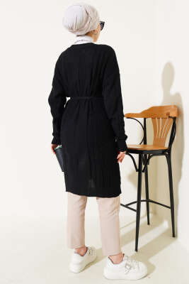 Pirinç Örgü Desenli Kuşaklı Triko Hırka Siyah - Triko Hırka