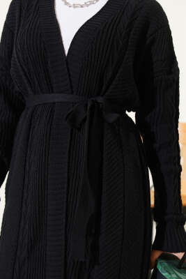 Pirinç Örgü Desenli Kuşaklı Triko Hırka Siyah - Triko Hırka