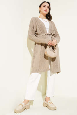 Pirinç Örgü Desenli Kuşaklı Triko Hırka Vizon - Triko Hırka