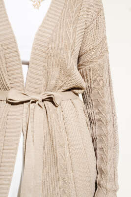 Pirinç Örgü Desenli Kuşaklı Triko Hırka Vizon - Triko Hırka