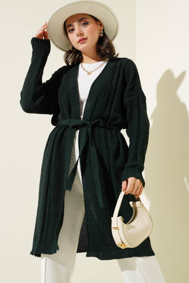 Pirinç Örgü Desenli Kuşaklı Triko Hırka Zümrüt Yeşili - Hırka