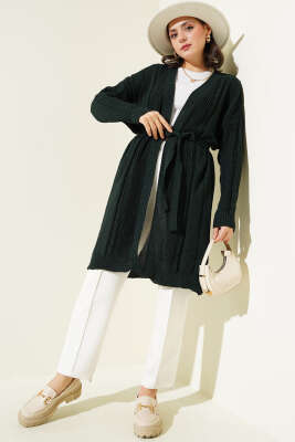 Pirinç Örgü Desenli Kuşaklı Triko Hırka Zümrüt Yeşili - Triko Hırka