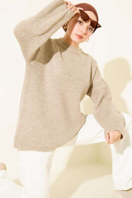 Pirinç Örgü Düşük Omuz Triko Tunik Bej - VANİZA TRİKO