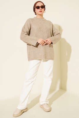 Pirinç Örgü Düşük Omuz Triko Tunik Bej - Tunik