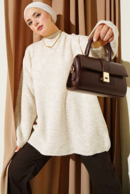 Pirinç Örgü Düşük Omuz Triko Tunik Bej - VANİZA TRİKO