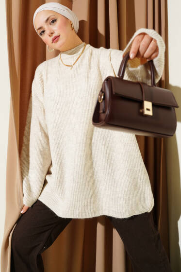 Pirinç Örgü Düşük Omuz Triko Tunik Bej - Tunik