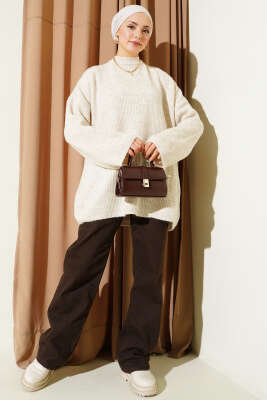 Pirinç Örgü Düşük Omuz Triko Tunik Bej - Tunik