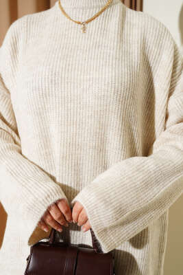 Pirinç Örgü Düşük Omuz Triko Tunik Bej - Tunik