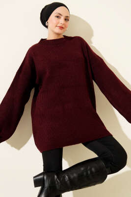 Pirinç Örgü Düşük Omuz Triko Tunik Bordo 