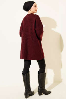 Pirinç Örgü Düşük Omuz Triko Tunik Bordo - Tunik