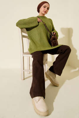 Pirinç Örgü Düşük Omuz Triko Tunik Çağla Yeşili - Tunik