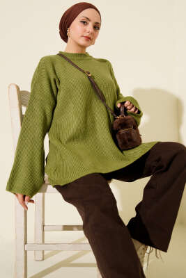 Pirinç Örgü Düşük Omuz Triko Tunik Çağla Yeşili - VANİZA TRİKO