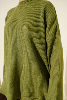 Pirinç Örgü Düşük Omuz Triko Tunik Çağla Yeşili - Tunik