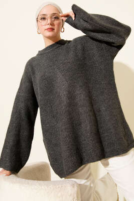 Pirinç Örgü Düşük Omuz Triko Tunik Füme - VANİZA TRİKO