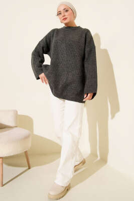 Pirinç Örgü Düşük Omuz Triko Tunik Füme - Tunik