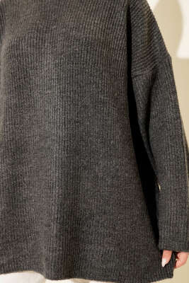 Pirinç Örgü Düşük Omuz Triko Tunik Füme - Tunik