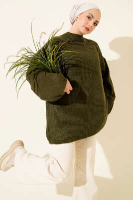 Pirinç Örgü Düşük Omuz Triko Tunik Haki - VANİZA TRİKO