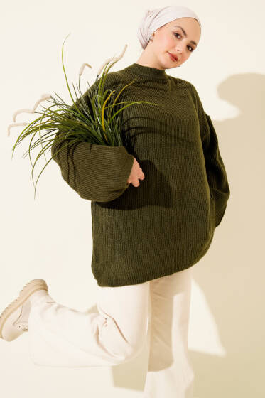 Pirinç Örgü Düşük Omuz Triko Tunik Haki - Tunik