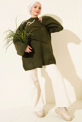 Pirinç Örgü Düşük Omuz Triko Tunik Haki - Tunik