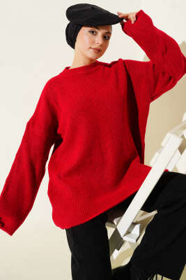 Pirinç Örgü Düşük Omuz Triko Tunik Kırmızı 