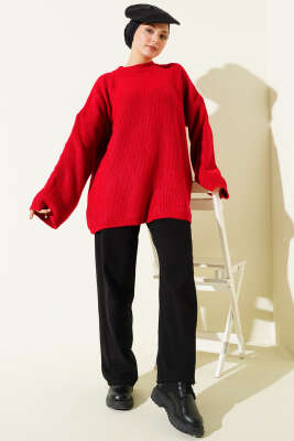 Pirinç Örgü Düşük Omuz Triko Tunik Kırmızı - Tunik