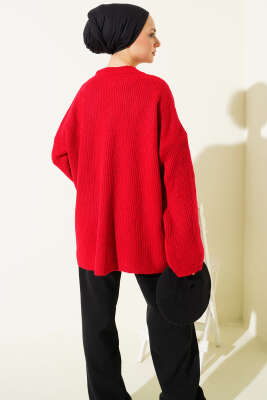 Pirinç Örgü Düşük Omuz Triko Tunik Kırmızı - Tunik