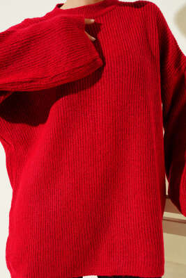 Pirinç Örgü Düşük Omuz Triko Tunik Kırmızı - Tunik