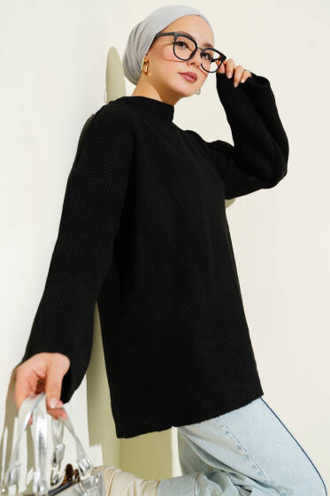 Pirinç Örgü Düşük Omuz Triko Tunik Siyah - Tunik