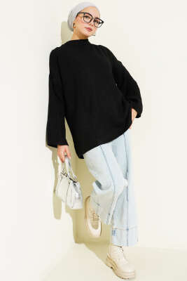 Pirinç Örgü Düşük Omuz Triko Tunik Siyah - Tunik