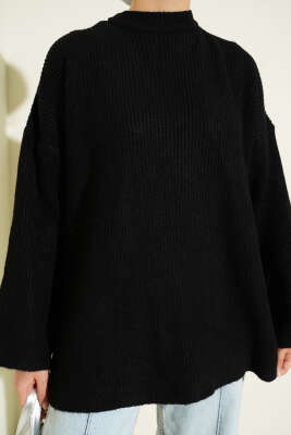 Pirinç Örgü Düşük Omuz Triko Tunik Siyah - Tunik