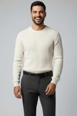 Pirinç Örgü Erkek Triko Kazak Bej 