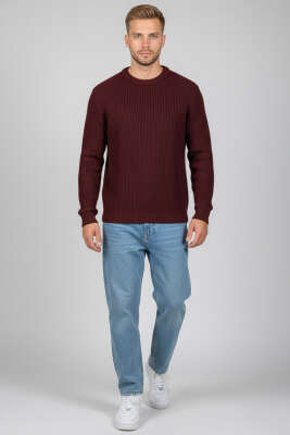 Pirinç Örgü Erkek Triko Kazak Bordo - Yeni Erkek Giyim