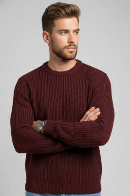 Pirinç Örgü Erkek Triko Kazak Bordo - Yeni Erkek Giyim