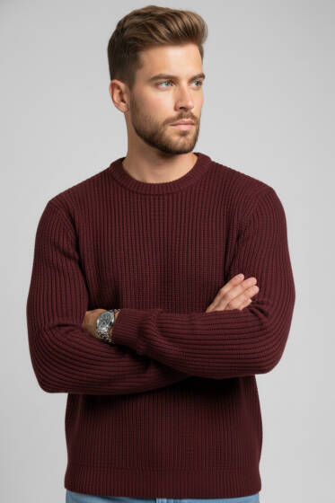 Pirinç Örgü Erkek Triko Kazak Bordo - Yeni Erkek Giyim