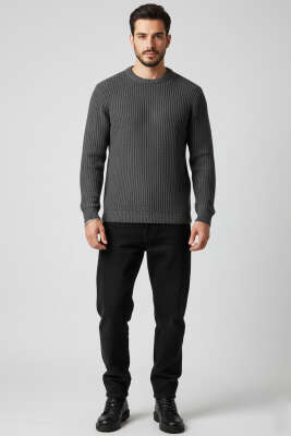 Pirinç Örgü Erkek Triko Kazak Füme - Yeni Erkek Giyim