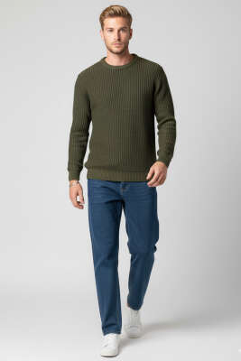 Pirinç Örgü Erkek Triko Kazak Haki - Yeni Erkek Giyim