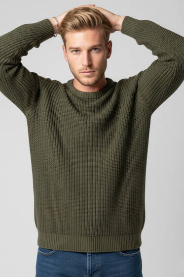 Pirinç Örgü Erkek Triko Kazak Haki - Yeni Erkek Giyim