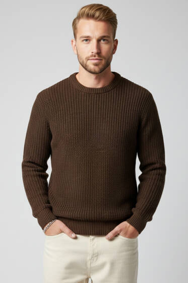 Pirinç Örgü Erkek Triko Kazak Kahve - Yeni Erkek Giyim