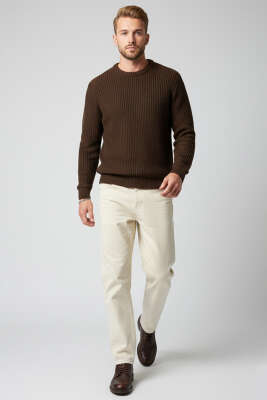 Pirinç Örgü Erkek Triko Kazak Kahve - Yeni Erkek Giyim