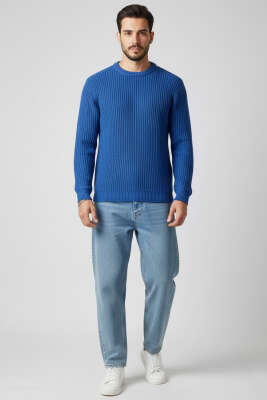 Pirinç Örgü Erkek Triko Kazak Mavi - Yeni Erkek Giyim