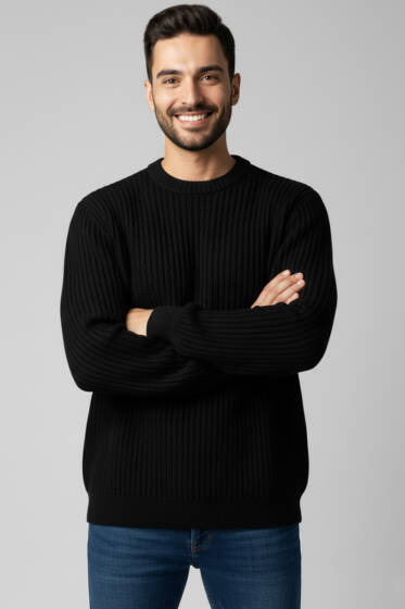 Pirinç Örgü Erkek Triko Kazak Siyah - Yeni Erkek Giyim