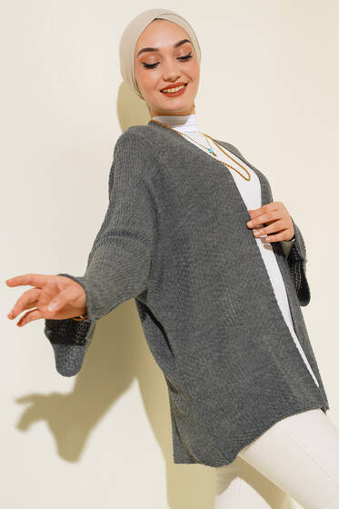 Pirinç Örgü Yarasa Kol Hırka Füme - Hırka