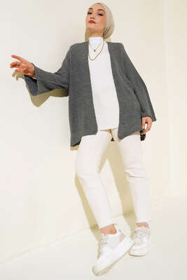 Pirinç Örgü Yarasa Kol Hırka Füme - Triko Hırka