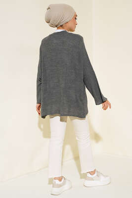 Pirinç Örgü Yarasa Kol Hırka Füme - Triko Hırka