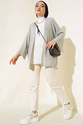 Pirinç Örgü Yarasa Kol Hırka Gri - Triko Tunik