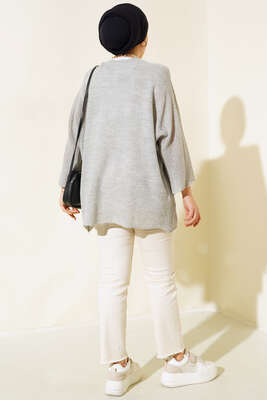 Pirinç Örgü Yarasa Kol Hırka Gri - Triko Tunik