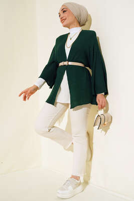 Pirinç Örgü Yarasa Kol Hırka Haki - Triko Hırka