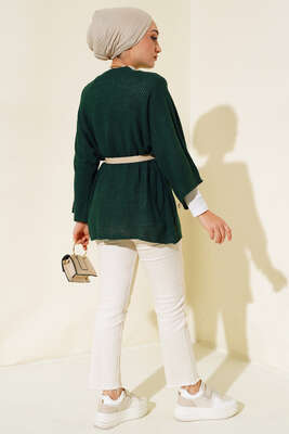 Pirinç Örgü Yarasa Kol Hırka Haki - Triko Hırka