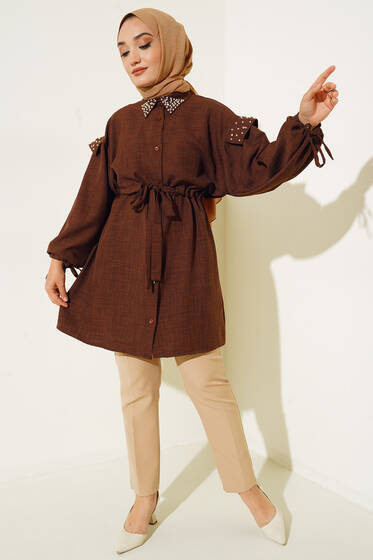 Pırlanta Boncuklu Kuşaklı Keten Tunik Kahve - Tunik